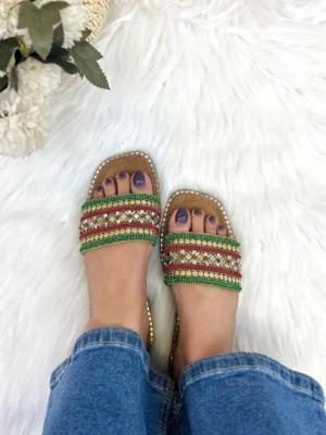 Blossom embroidery flats slippers gold