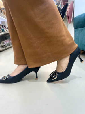 Urbantoes Elegant Black Pointed-Toe Kitten Heels with Gold Buckle Detail