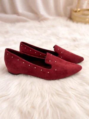 Women Maroon Suede Embellished Loafers