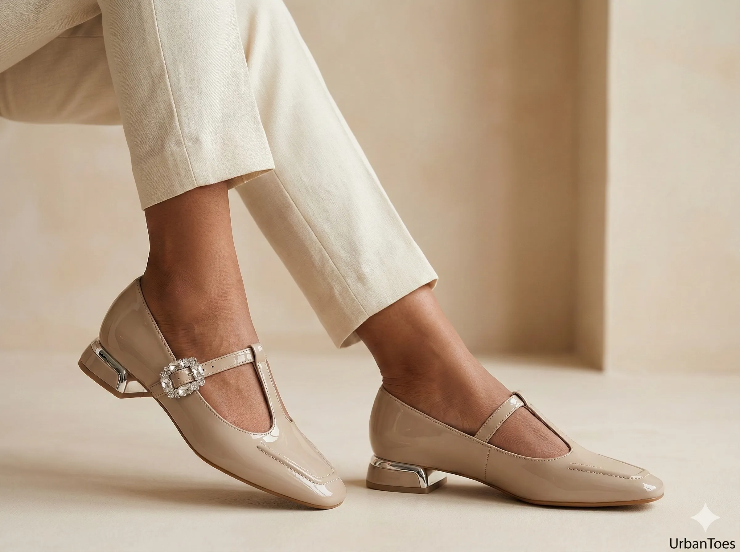 UrbanToes Noor Patent Mary Jane Heels Beige