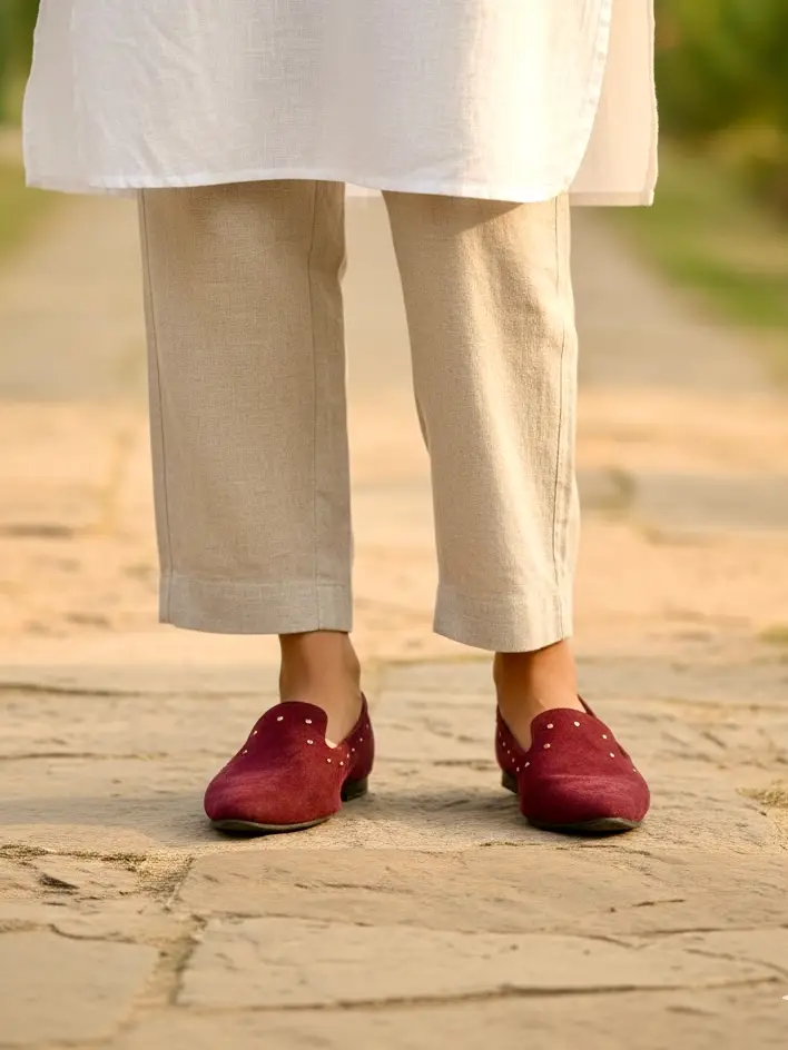 Women Maroon Suede Embellished Loafers