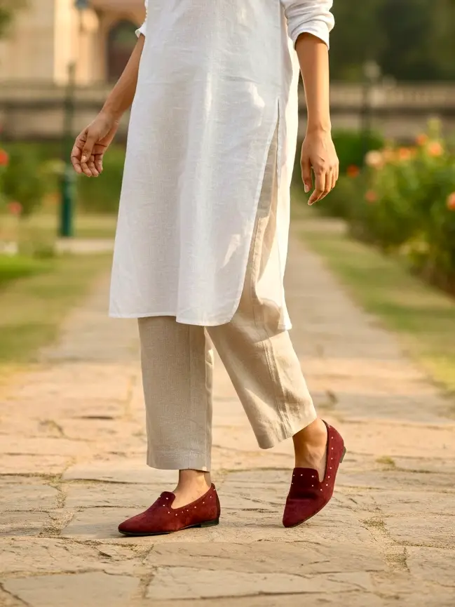 Women Maroon Suede Embellished Loafers