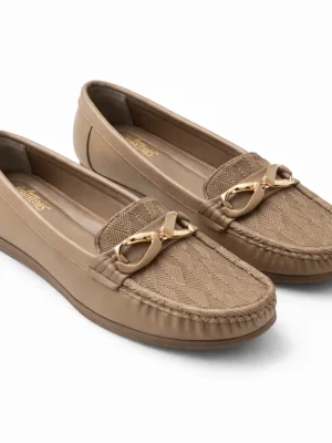 women walking loafers beige with metal buckle
