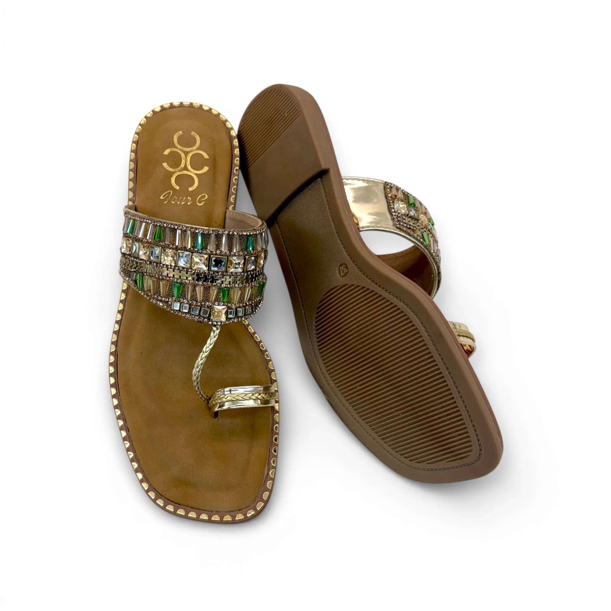 women green stone work flats
