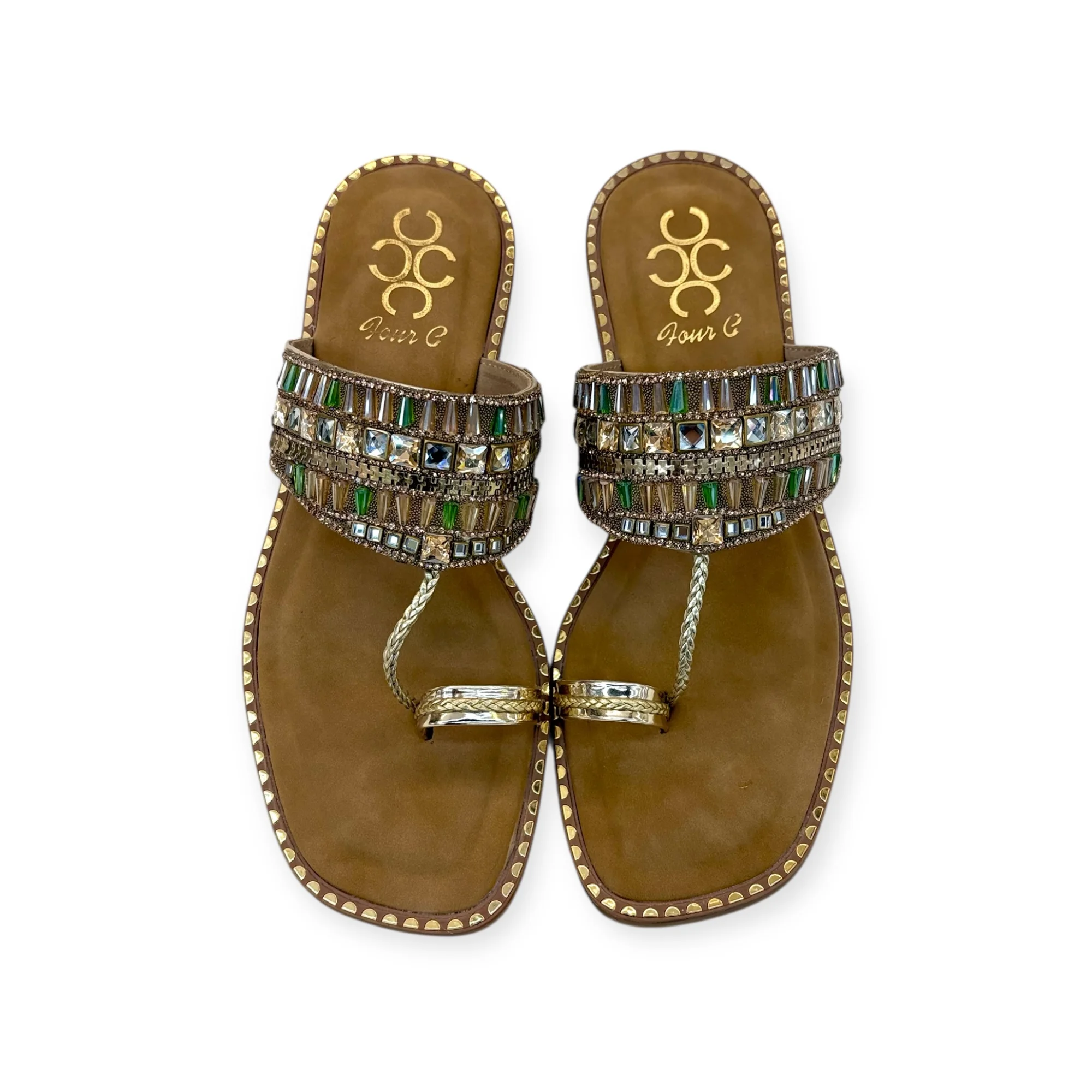 women green stone work flats