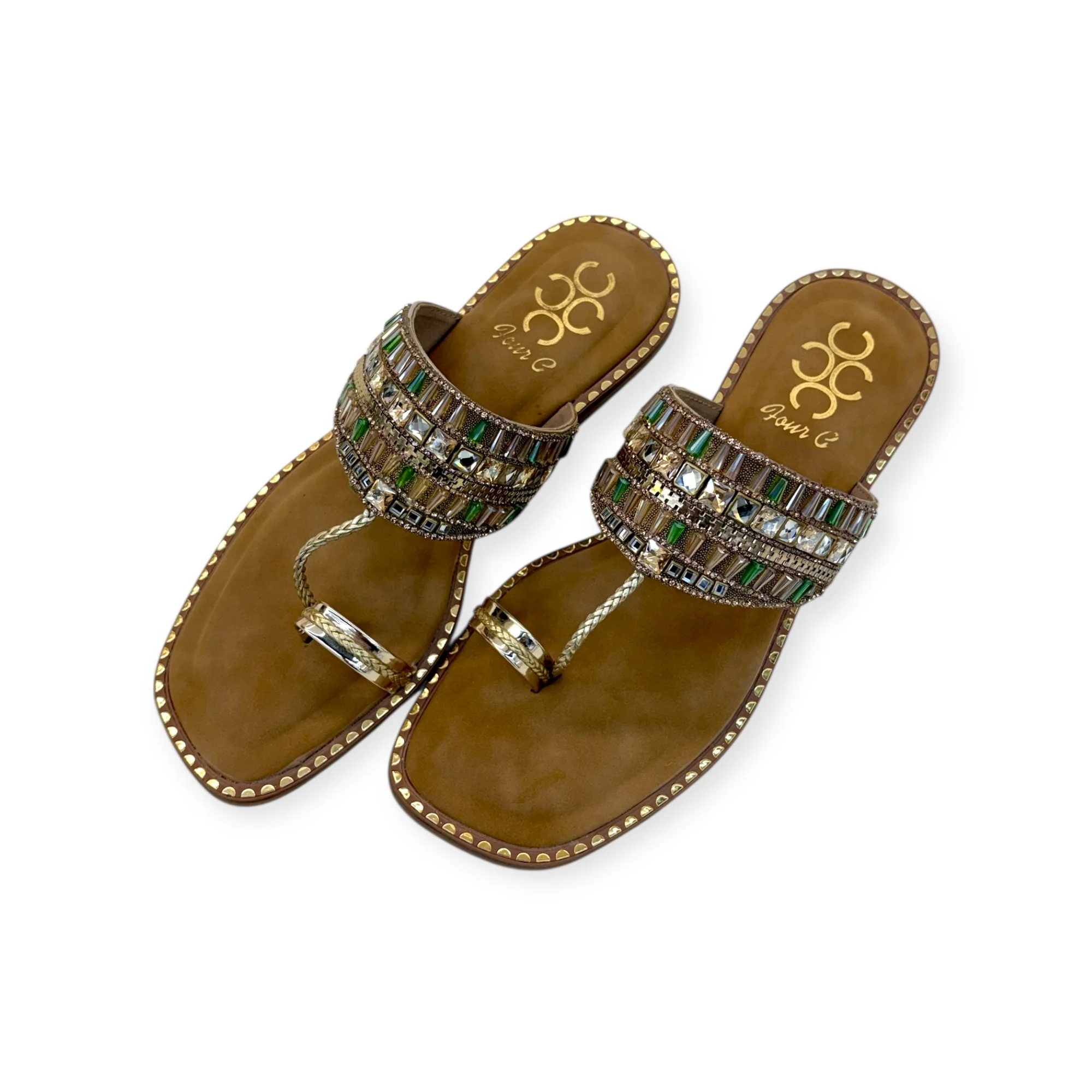 women green stone work flats