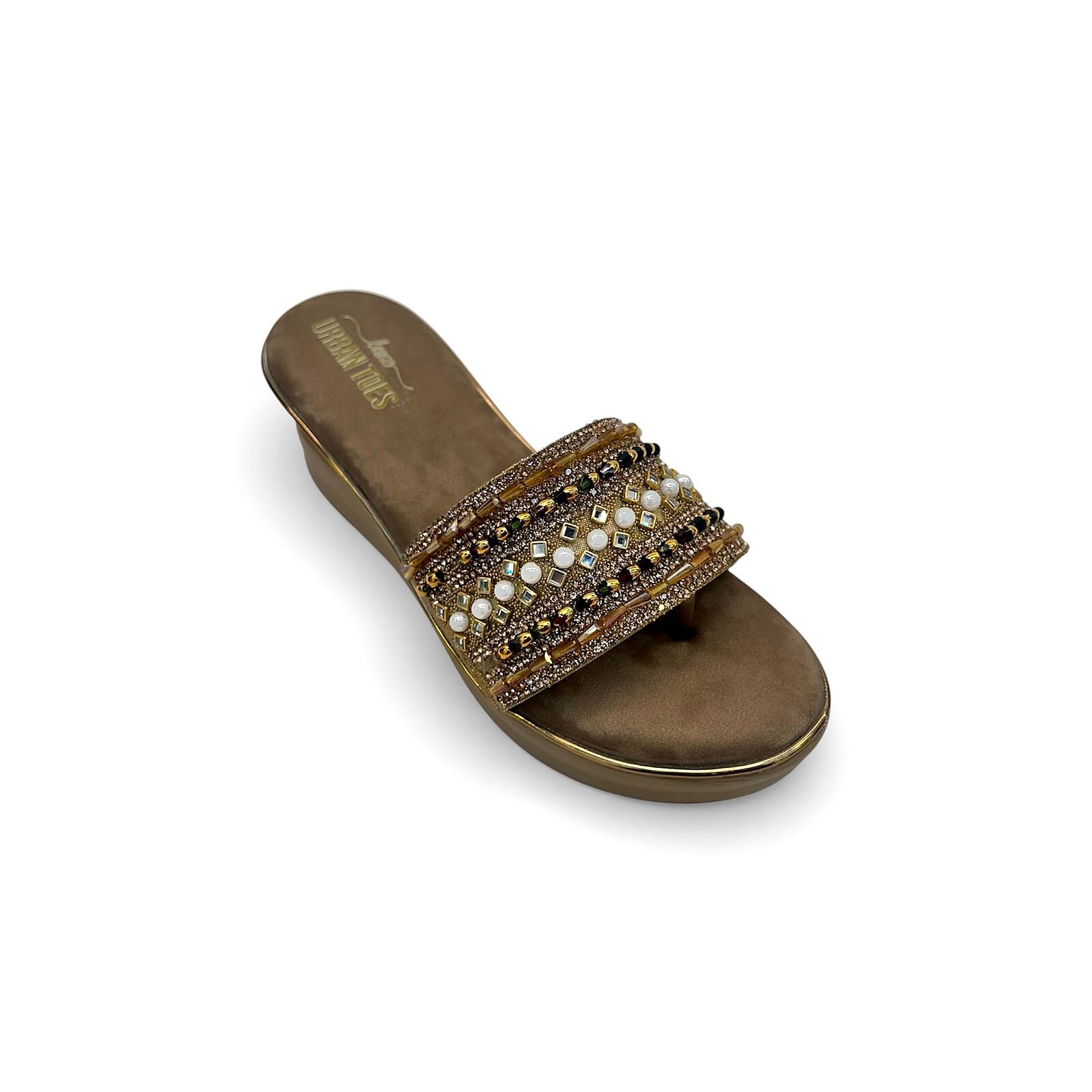 Women’s Brown Stonework Wedge Slide Sandals for Festive & Party Wear - Image 3