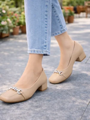 cream block heel pumps