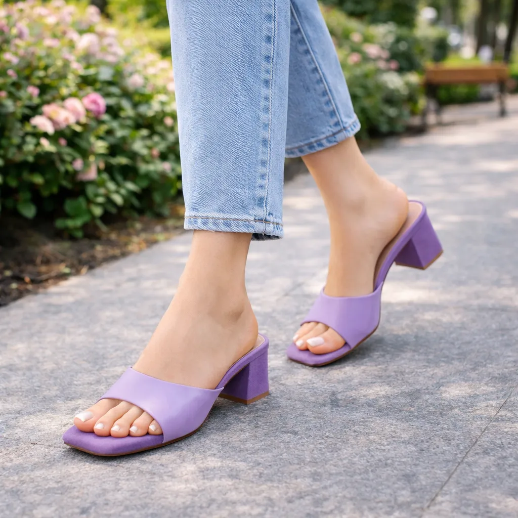 Women Purple Block Heel Mule Sandals