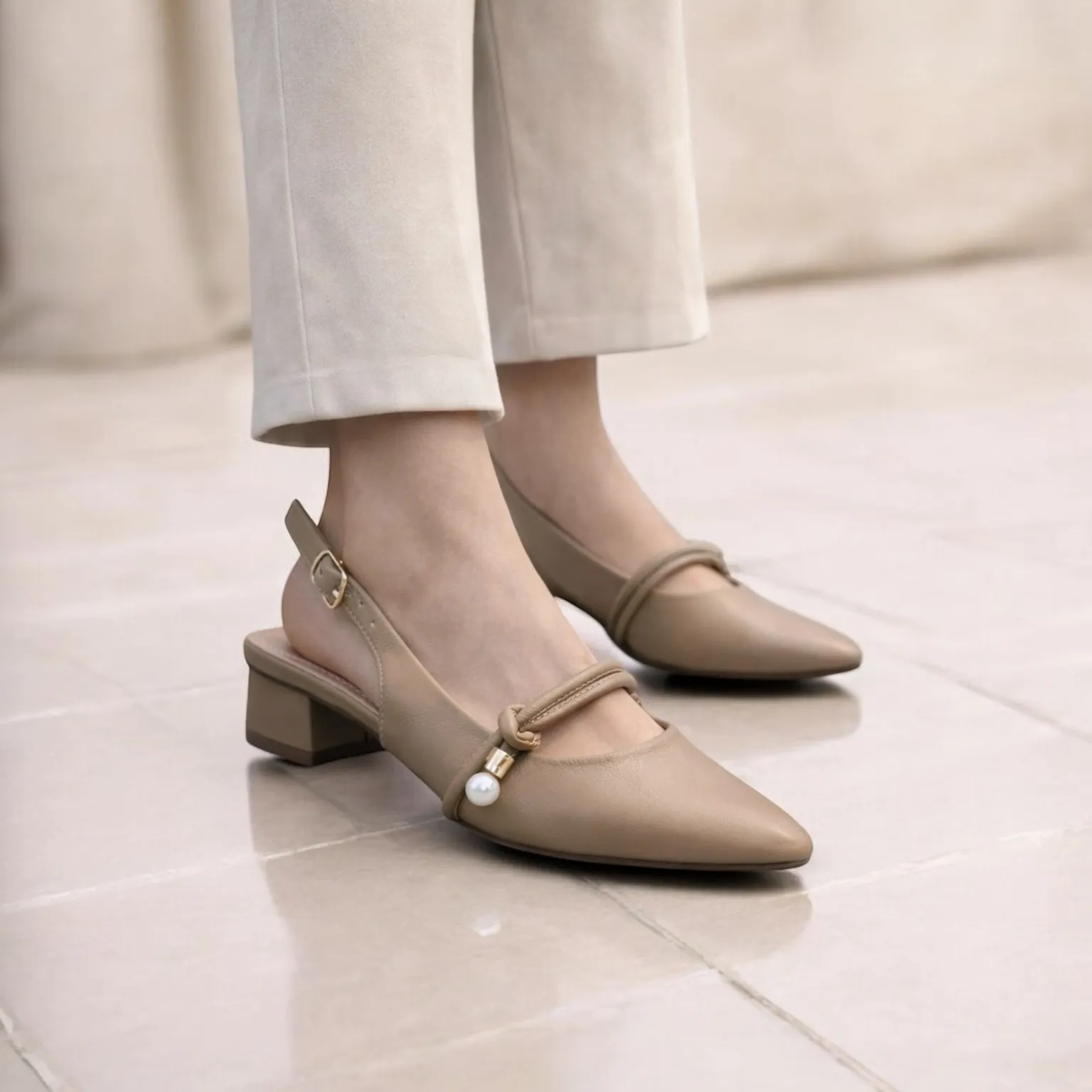khakhi slingback block heel pumps