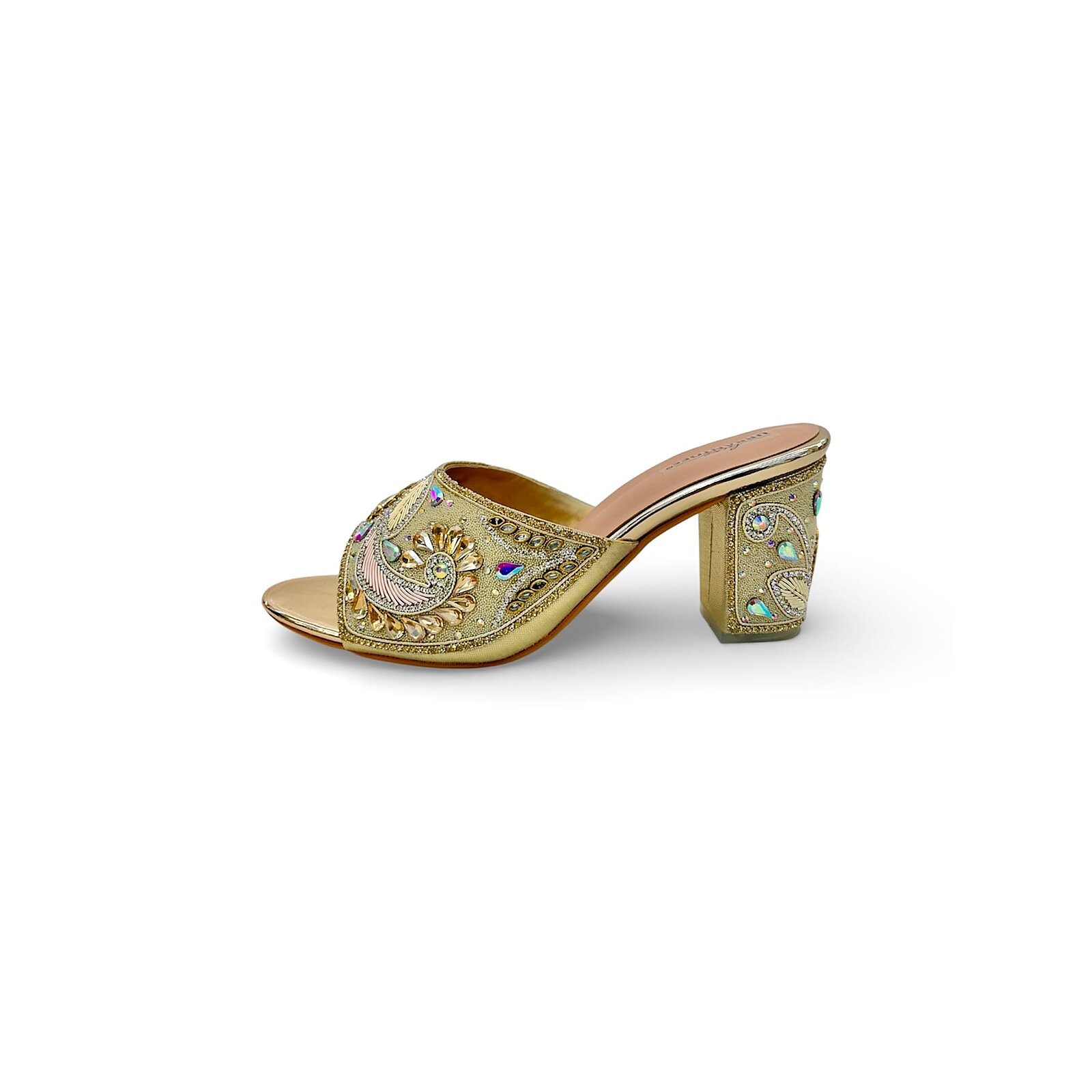 gold block heel mules