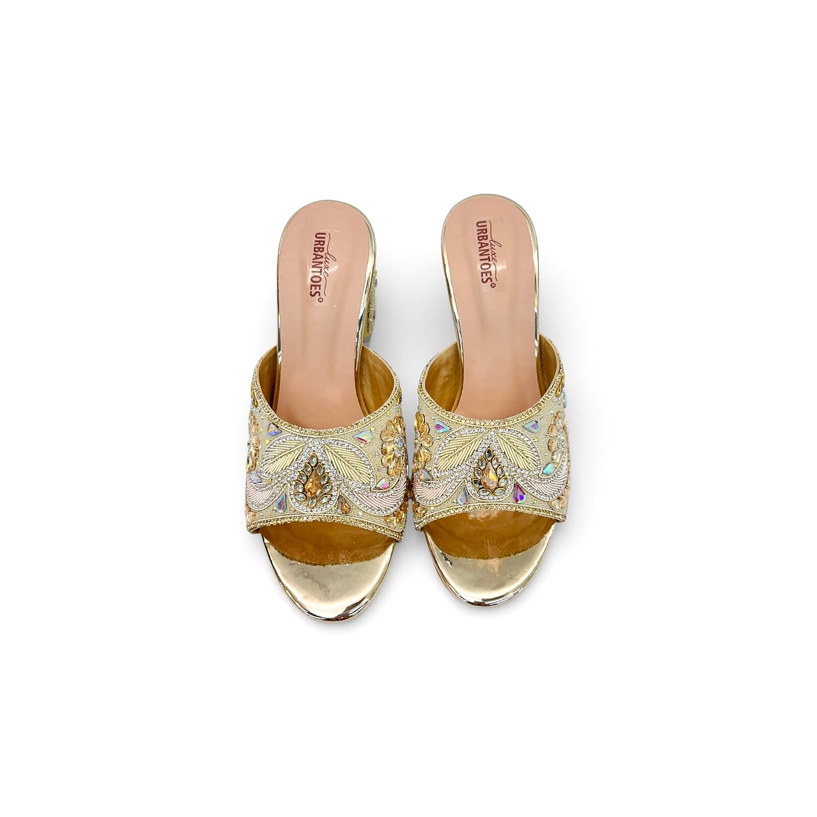 gold block heel mules