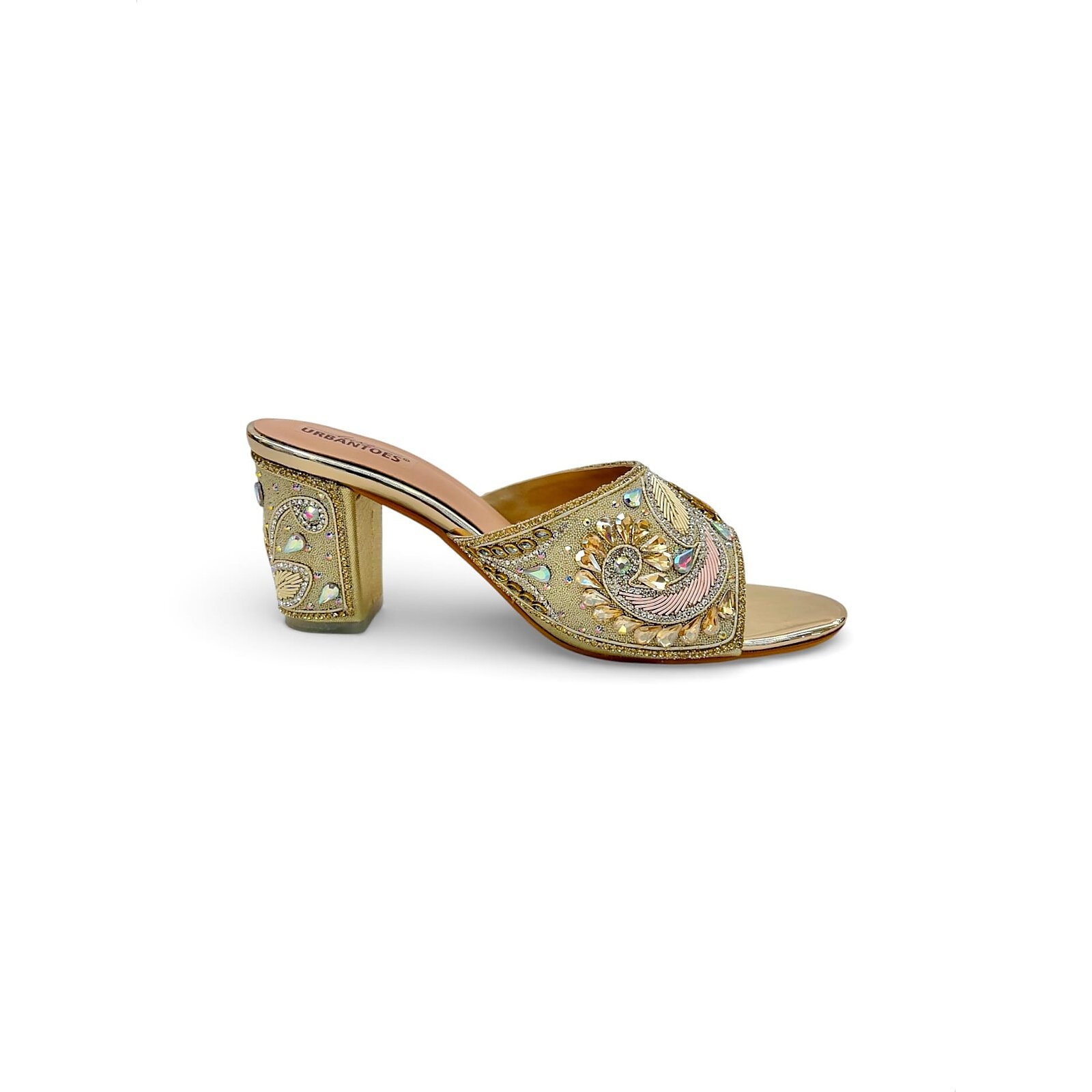 gold block heel mules