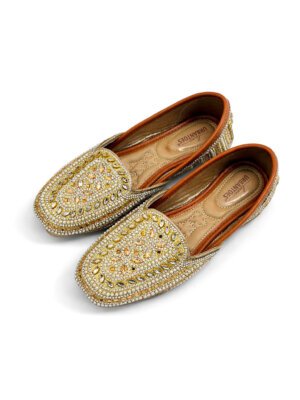 gold embellished jutti loafers for women