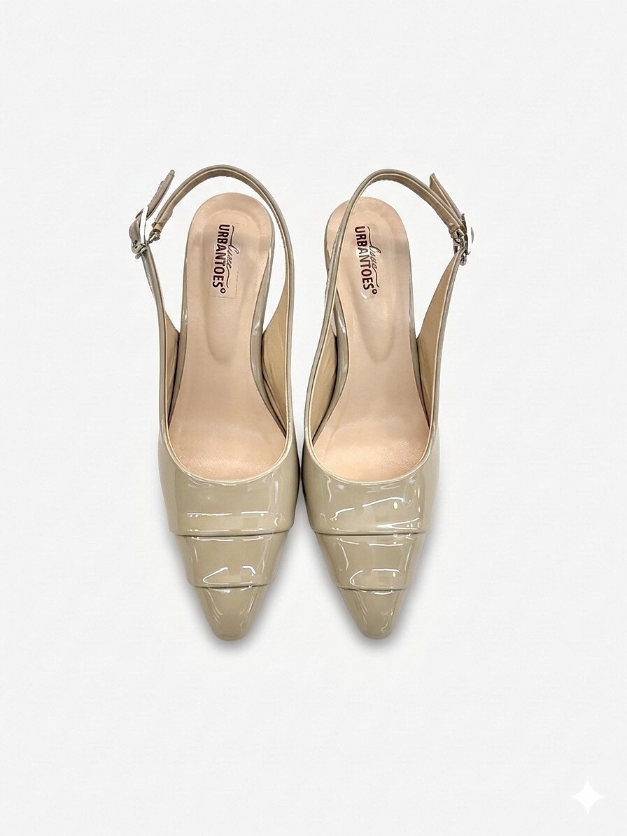 Beige Slingback Kitten Heels for Women – Patent Pointed Toe Pumps - Image 5