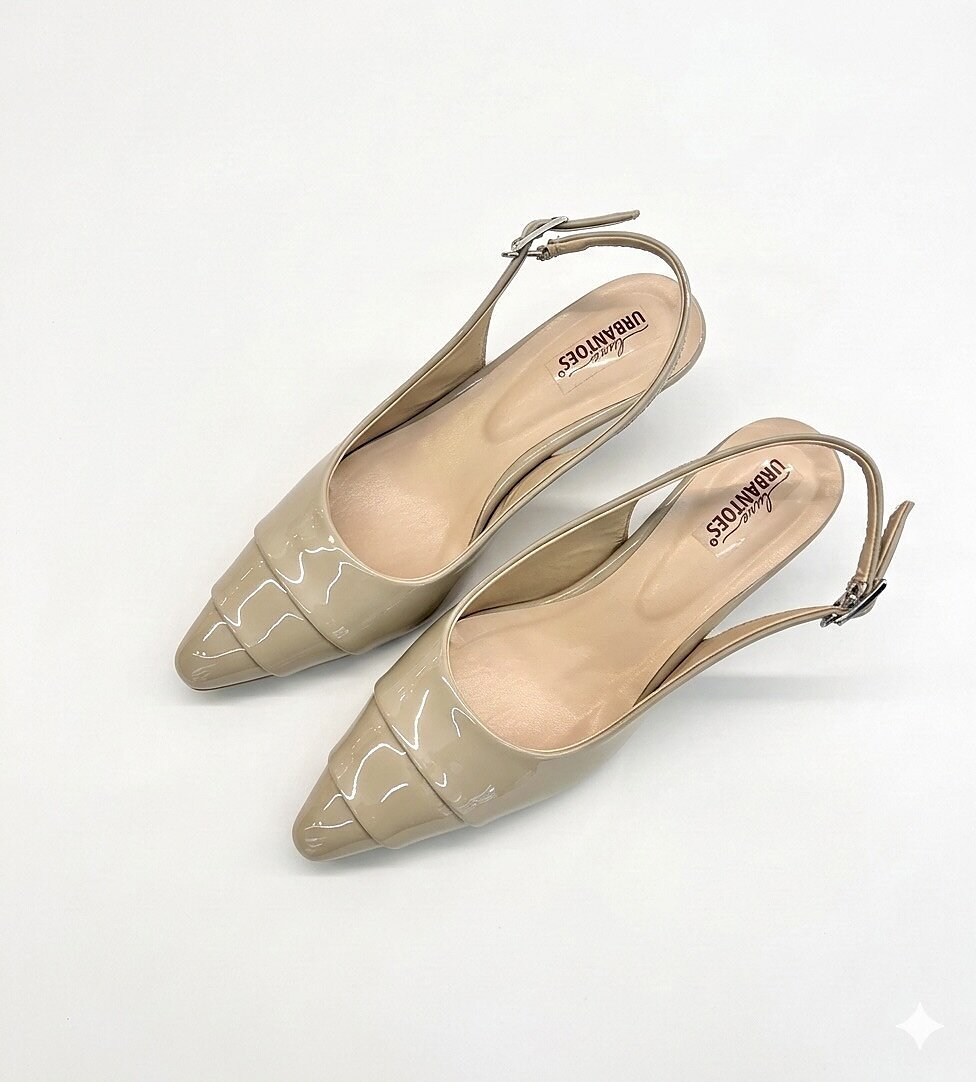 Beige Slingback Kitten Heels for Women – Patent Pointed Toe Pumps - Image 6
