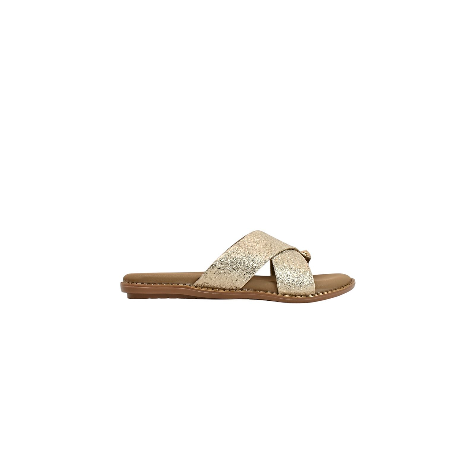light gold cross strap flat slide for women