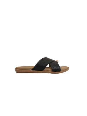 black cross strap flat slide for women