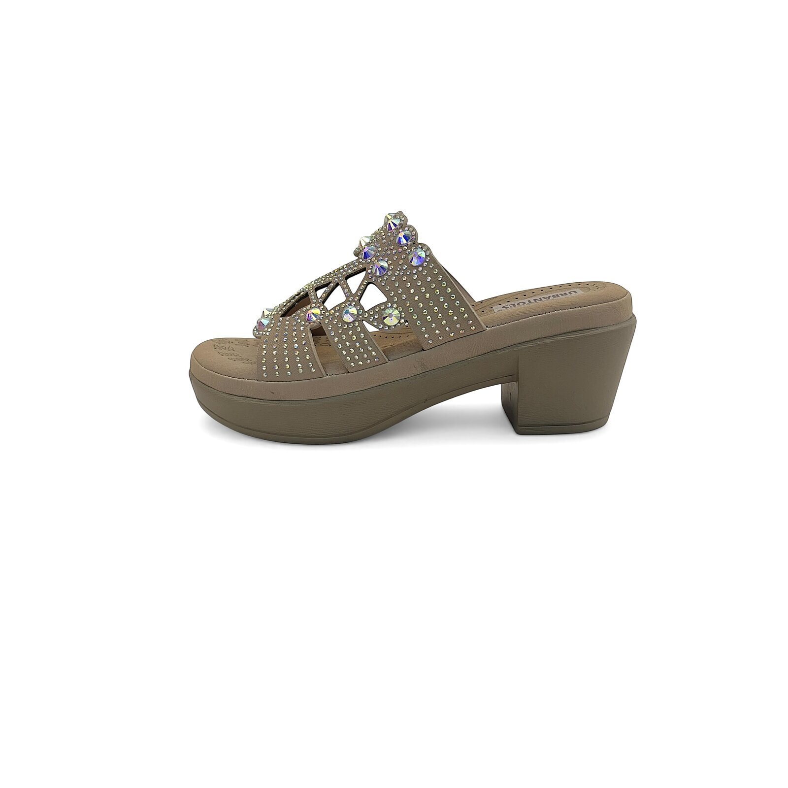 Light Gold Stone Work Block Heel Slide Sandals for Women - Image 2