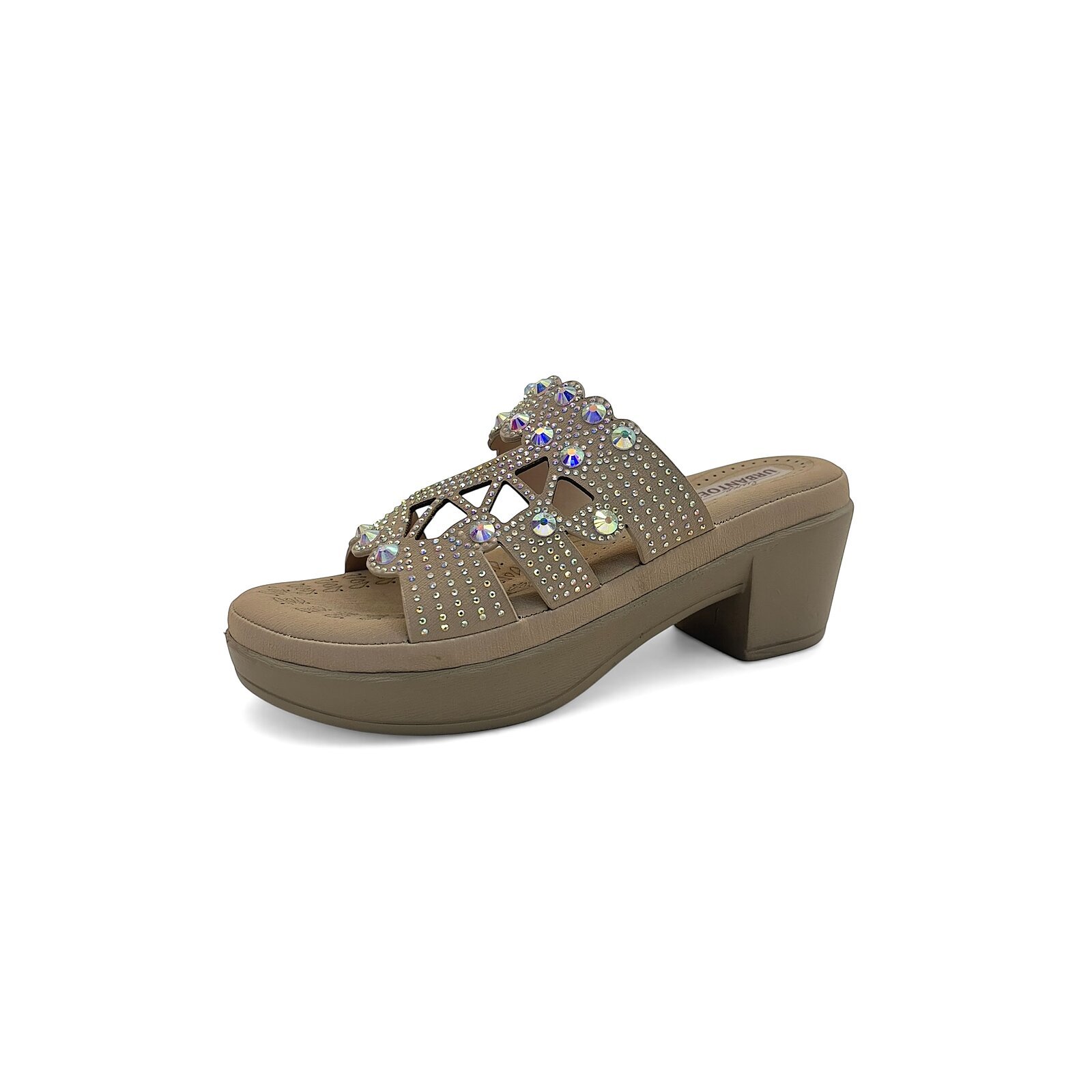 Light Gold Stone Work Block Heel Slide Sandals for Women - Image 4