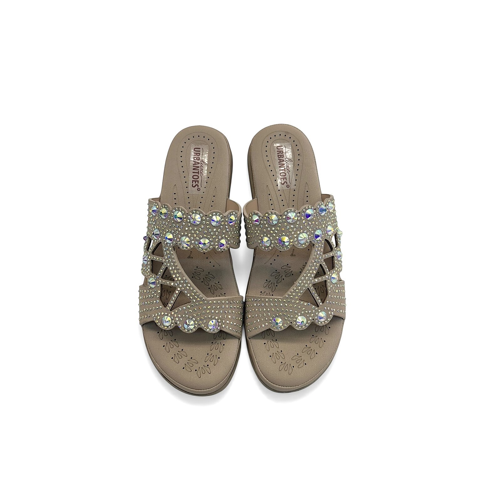 Light Gold Stone Work Block Heel Slide Sandals for Women - Image 3
