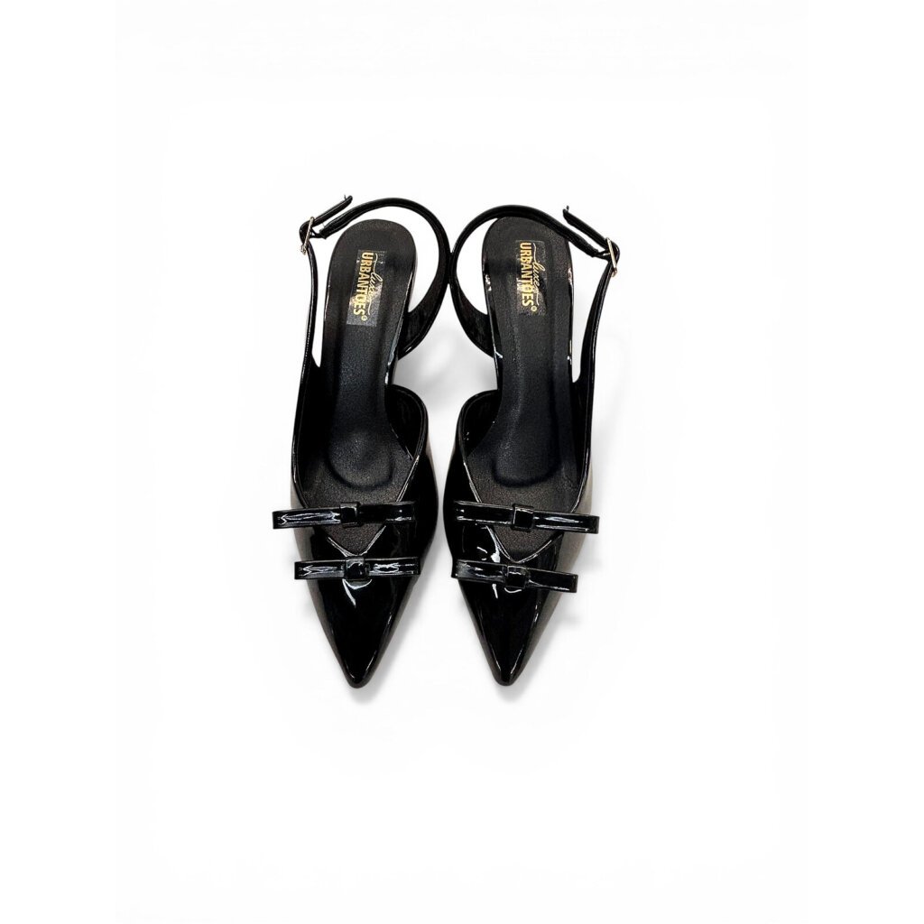 Black Patent Slingback Kitten Heels with Bow – Urbantoes India