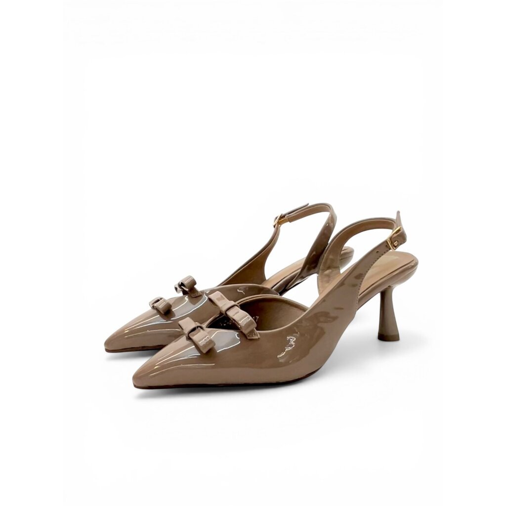 Taupe Patent Slingback Kitten Heels with Bow – Urbantoes India