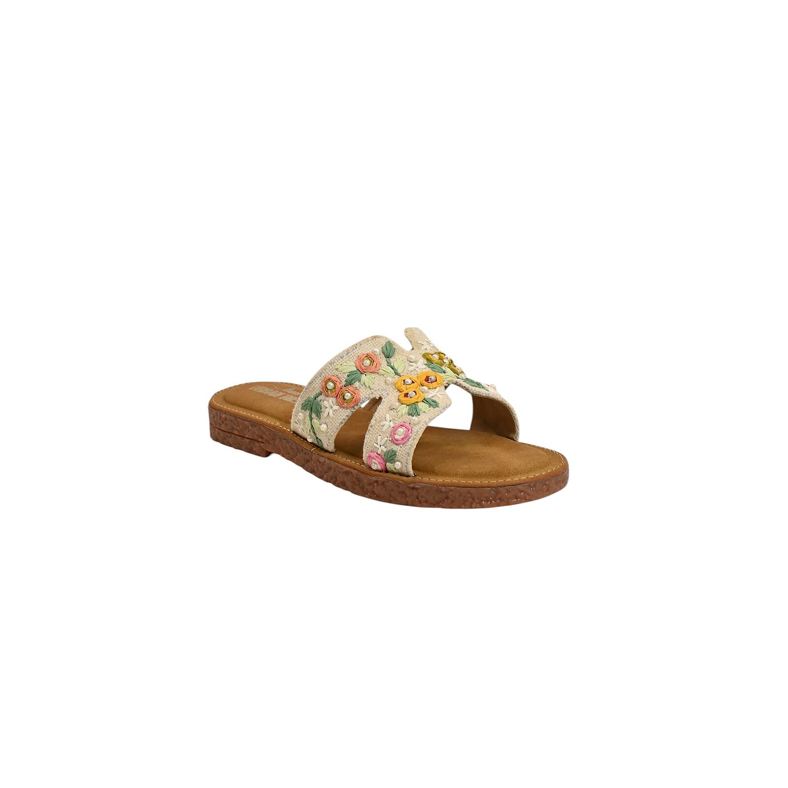 beige embroidered flat sandals