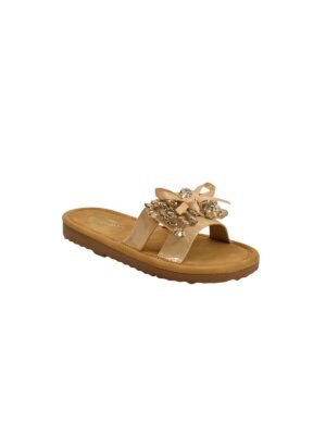 beige embellished flat slide sandals for women