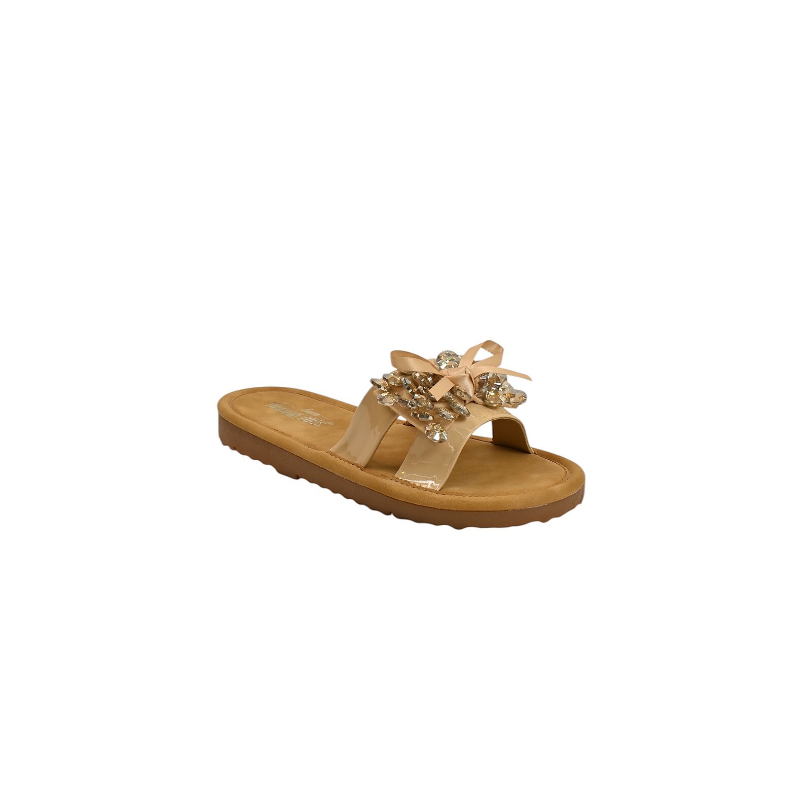 beige embellished flat slide sandals for women