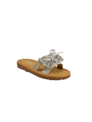 grey embellished flat slide sandals for women