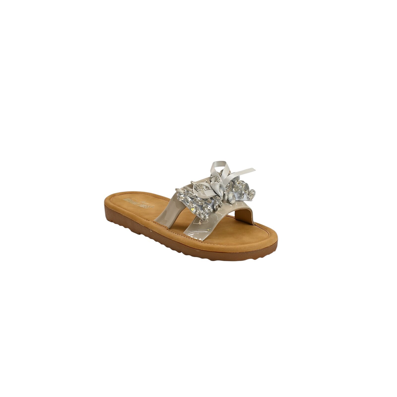 grey embellished flat slide sandals for women