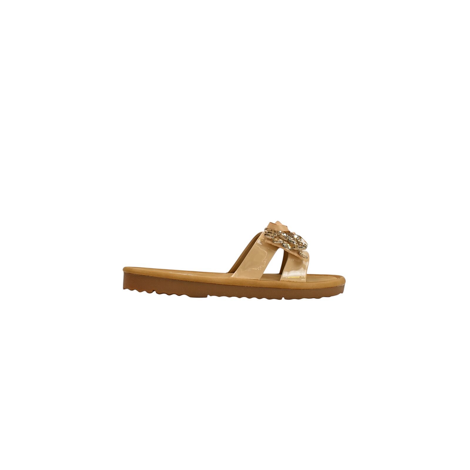 Beige Embellished Flat Slide Sandals for Women – Crystal Bow Comfort Flats - Image 2