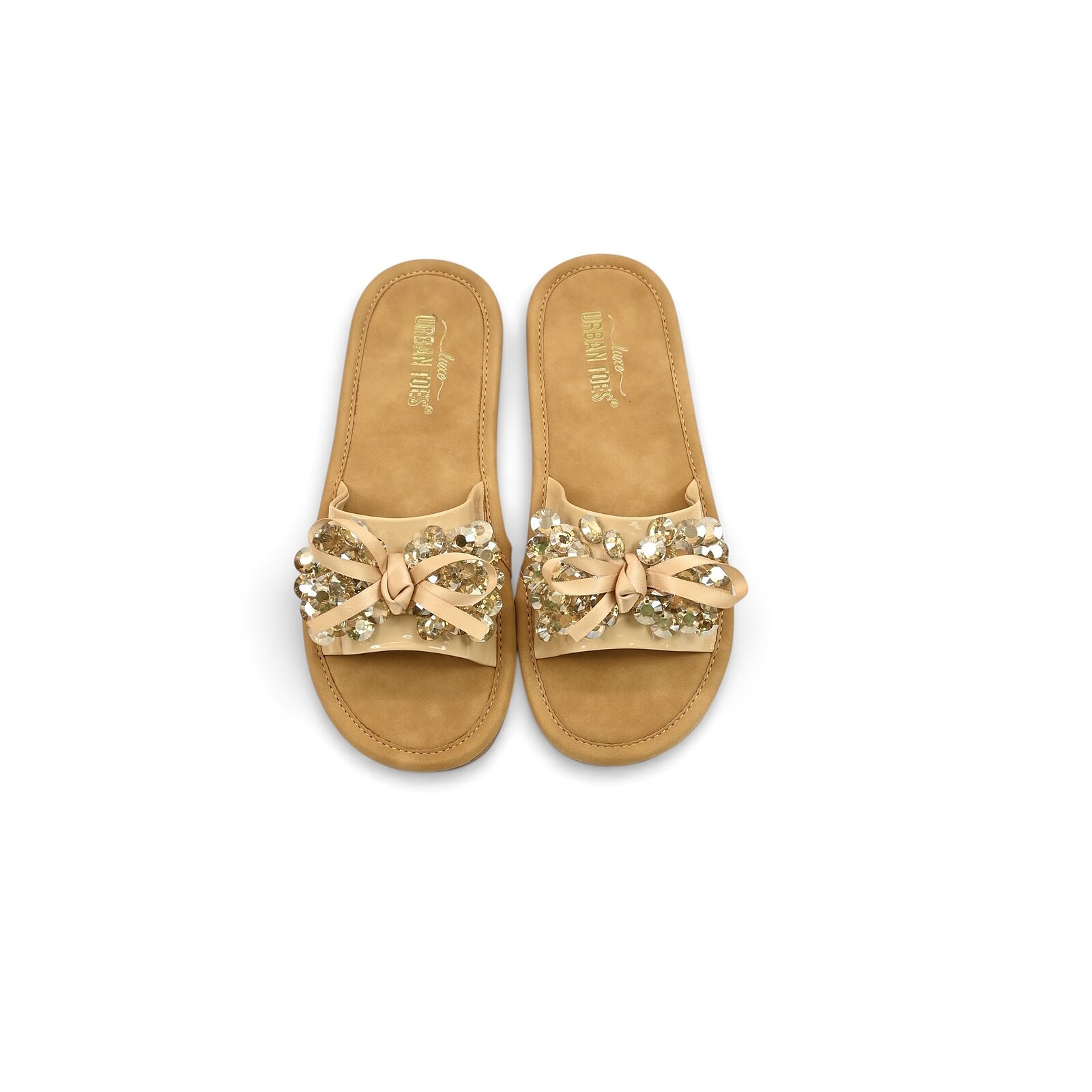 Beige Embellished Flat Slide Sandals for Women – Crystal Bow Comfort Flats - Image 3