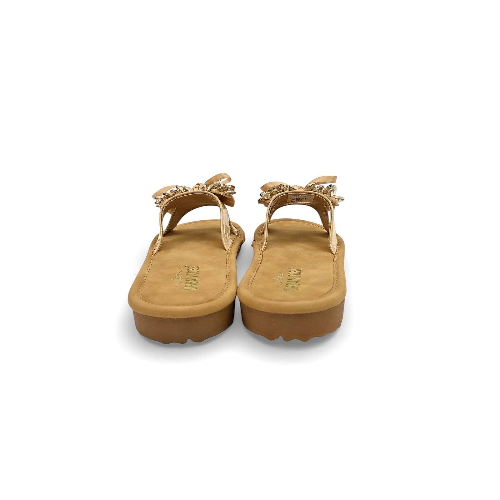 Beige Embellished Flat Slide Sandals for Women – Crystal Bow Comfort Flats - Image 4