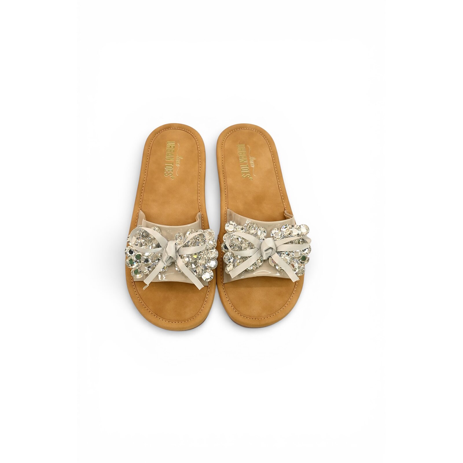 Grey Embellished Flat Slide Sandals for Women – Crystal Bow Comfort Flats - Image 3