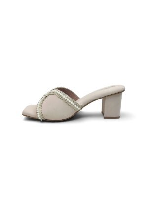 Beige Pearl Embellished Block Heel