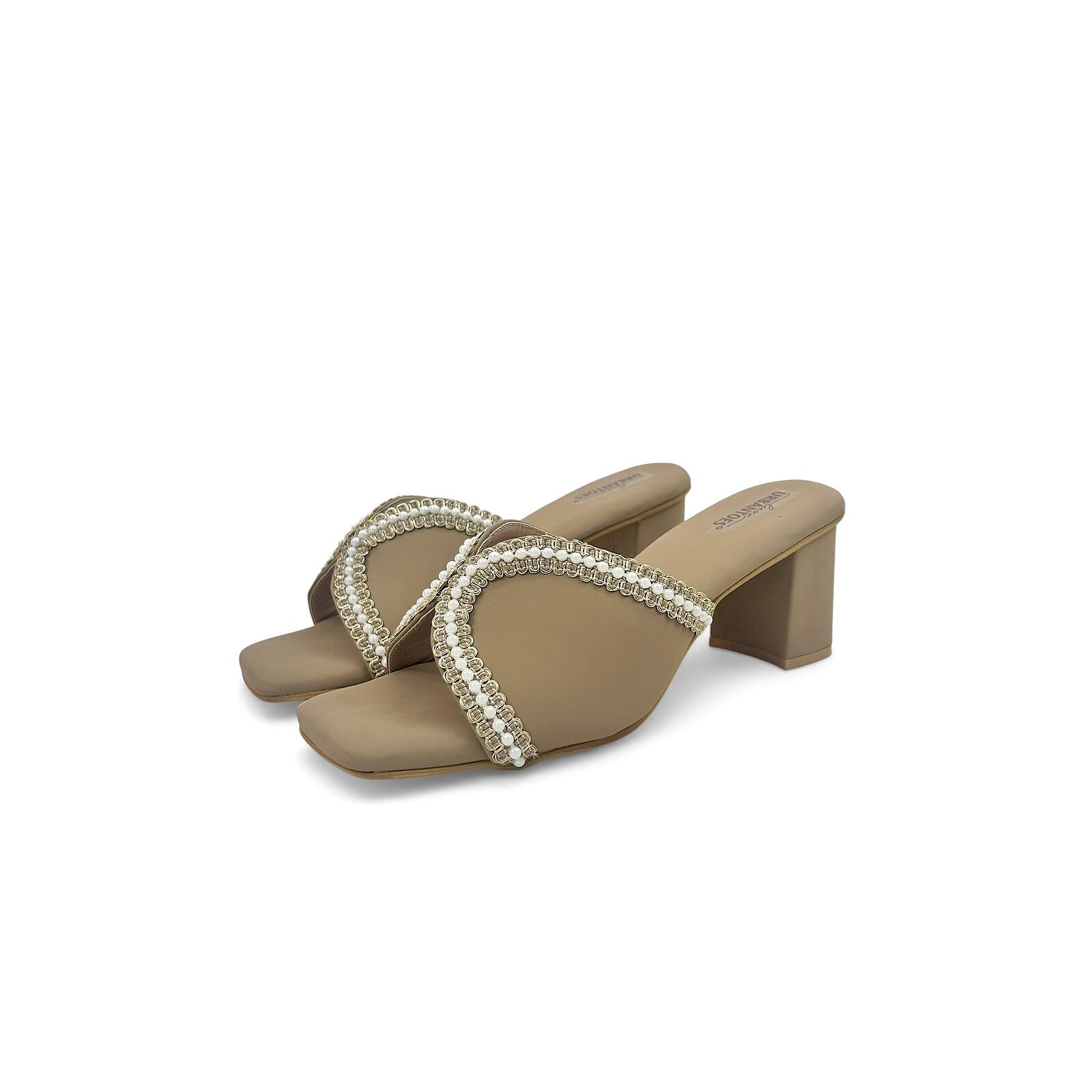 Khakhi Pearl Embellished Block Heel Sandals for Women – Urbantoes - Image 2