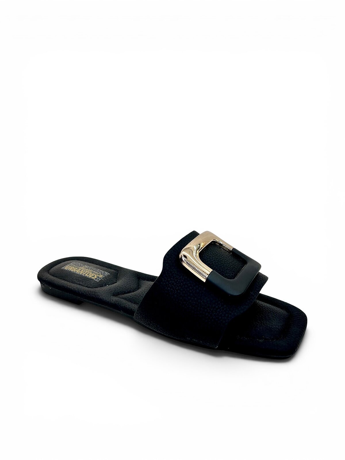 Black Flat Sandals for Women with Gold Buckle | UrbanToes - Image 2