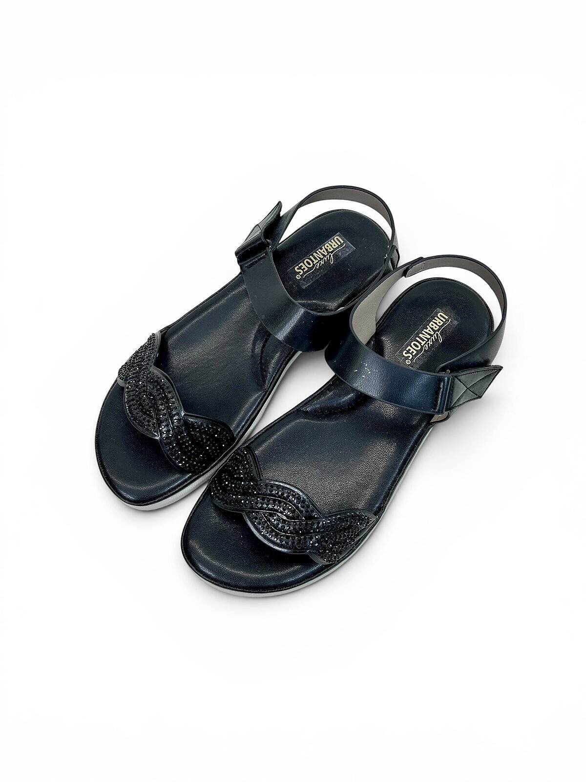 Black Comfort Wedge Sandals for Women with Rhinestone Strap | UrbanToes - Image 2