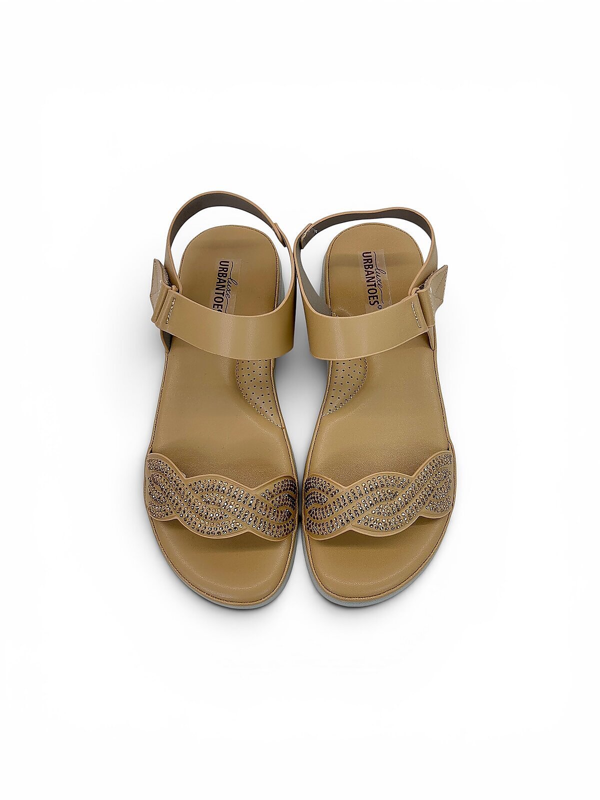 Tan Comfort Wedge Sandals for Women with Rhinestone Strap | UrbanToes - Image 3