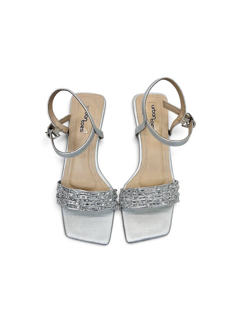 Silver Party Wear Kitten Heels for Women with Rhinestone Strap | UrbanToes