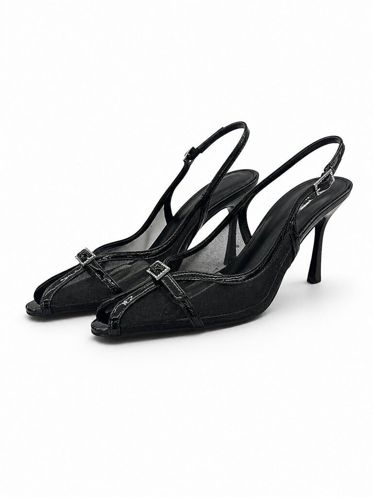 Black Mesh Slingback Heels for Women with Pointed Toe | UrbanToes