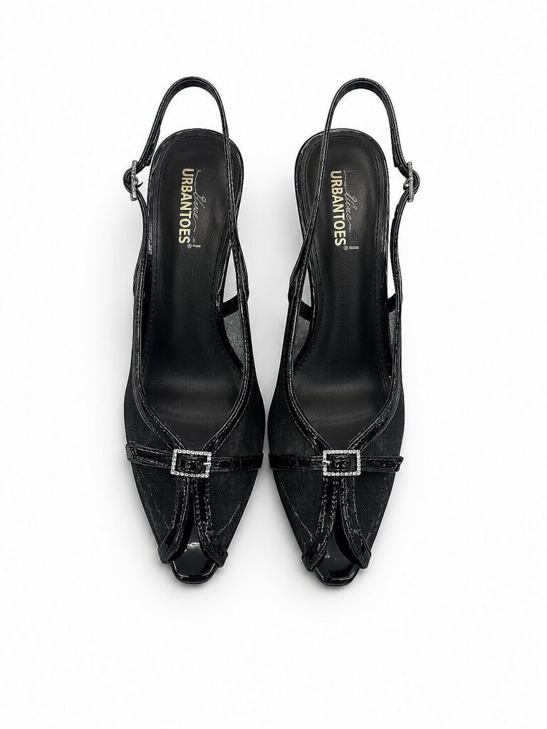 Black Mesh Slingback Heels for Women with Pointed Toe | UrbanToes