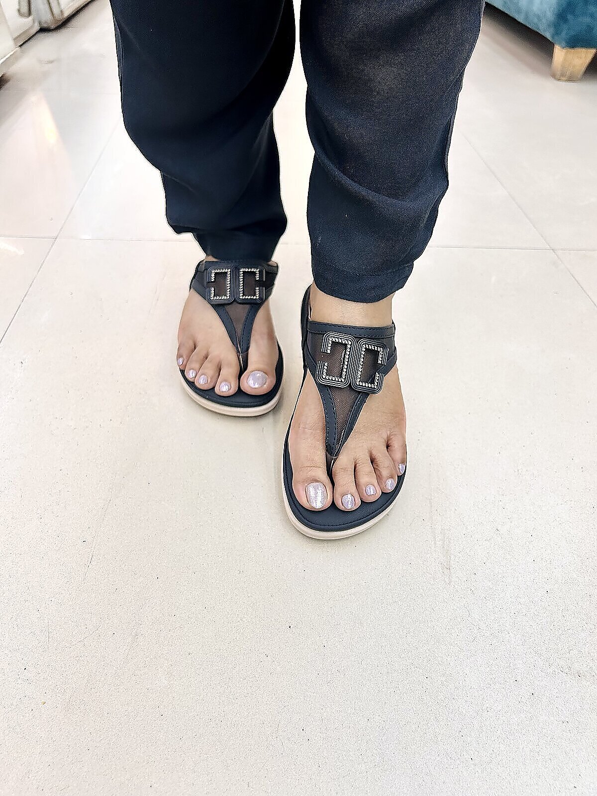 Black Wedge Toe-Post Sandals for Women - Image 3