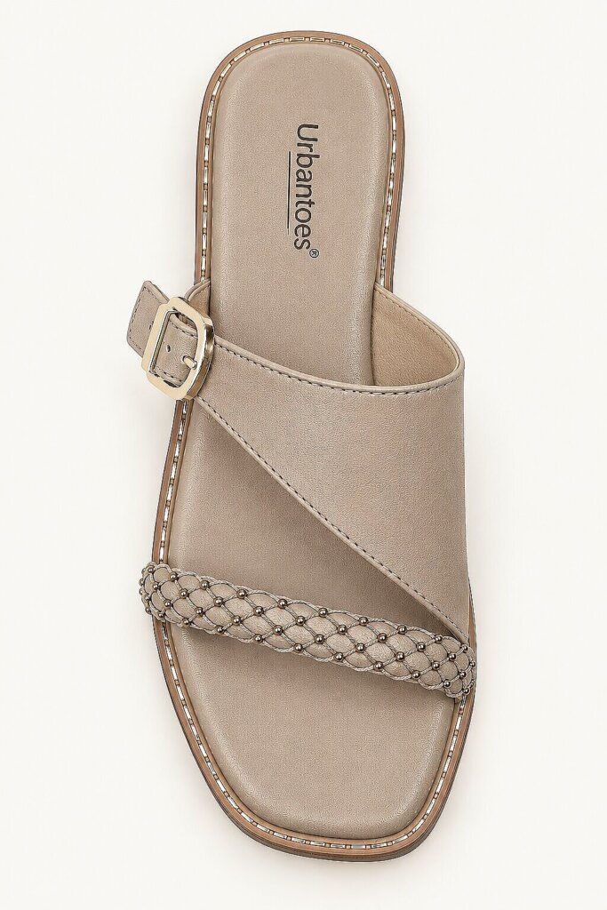 Taupe Flat Sandals for Women with Braided Beaded Strap & Buckle
