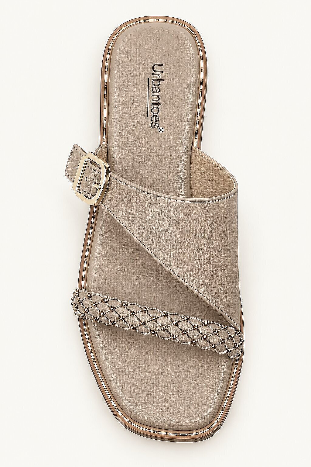 Taupe Flat Sandals for Women with Braided Beaded Strap & Buckle - Image 4