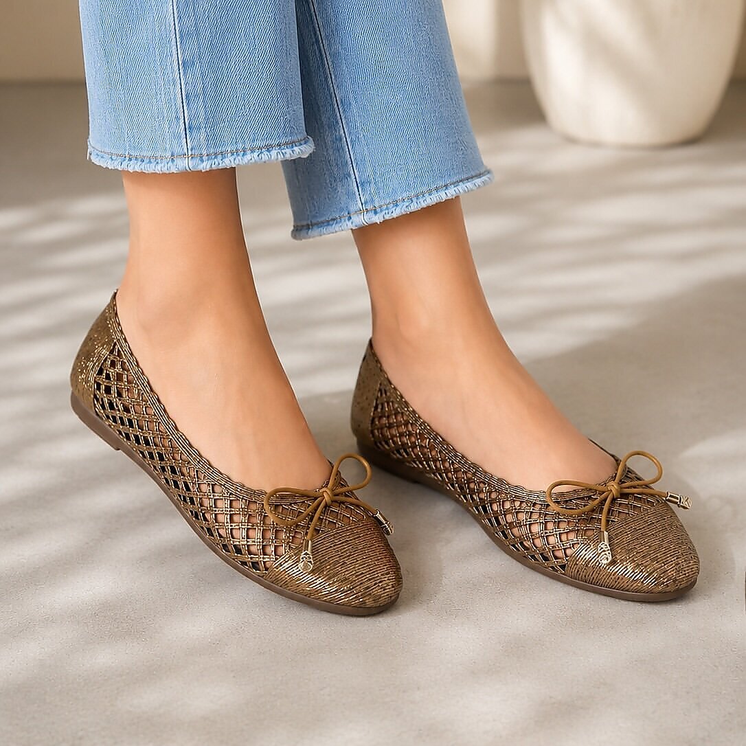Bronze Woven Bow Detail Ballet Flats for Women - Image 4