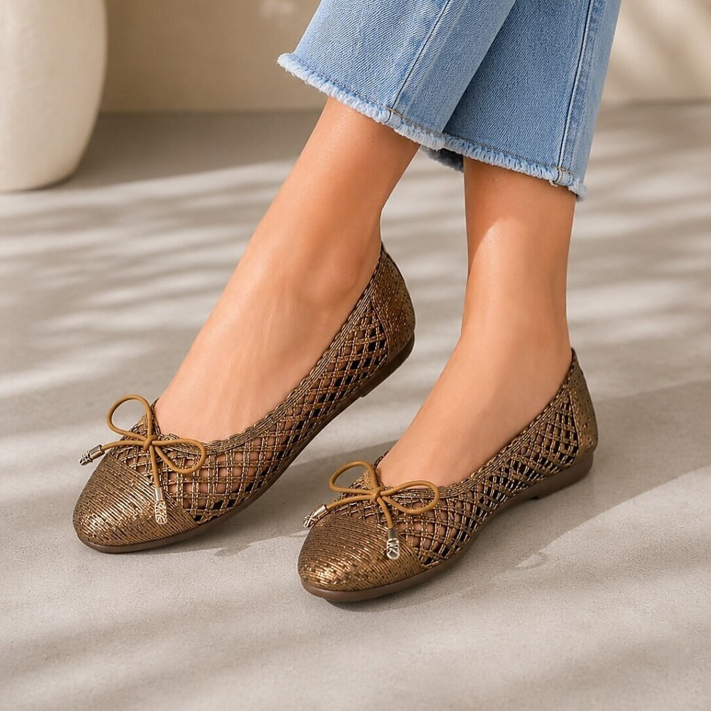 Bronze Woven Bow Detail Ballet Flats for Women