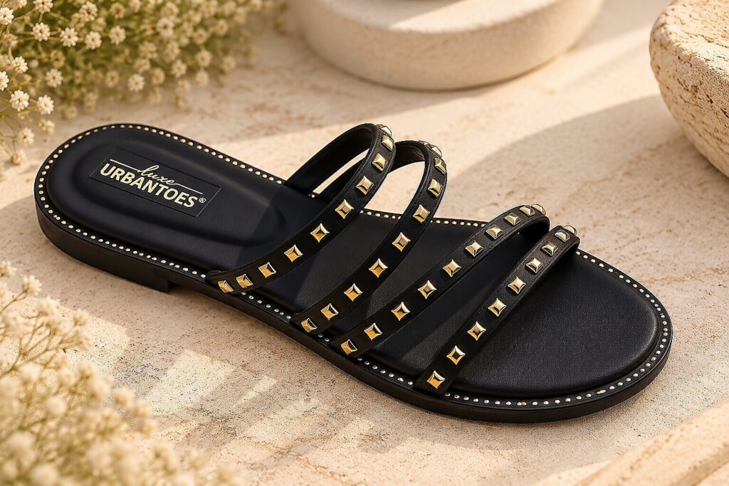 Black Studded Flat Sandals for Women with Multi-Strap Design